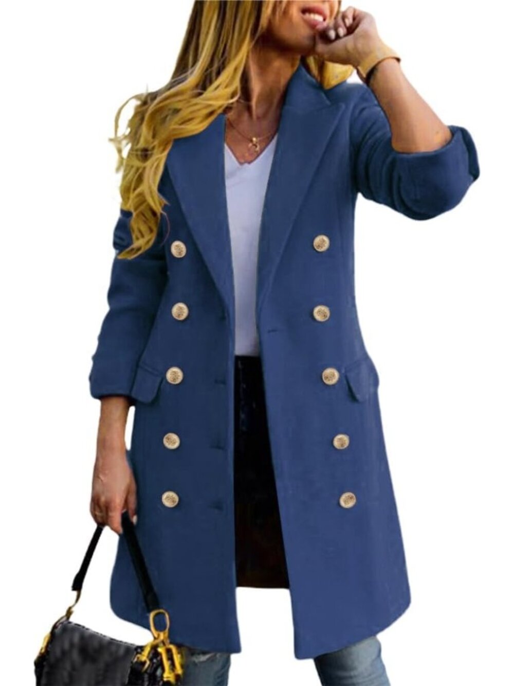 Women's Misty Blue Wool Blend Double Breasted Gold Buttons Midi Long Trench Coat